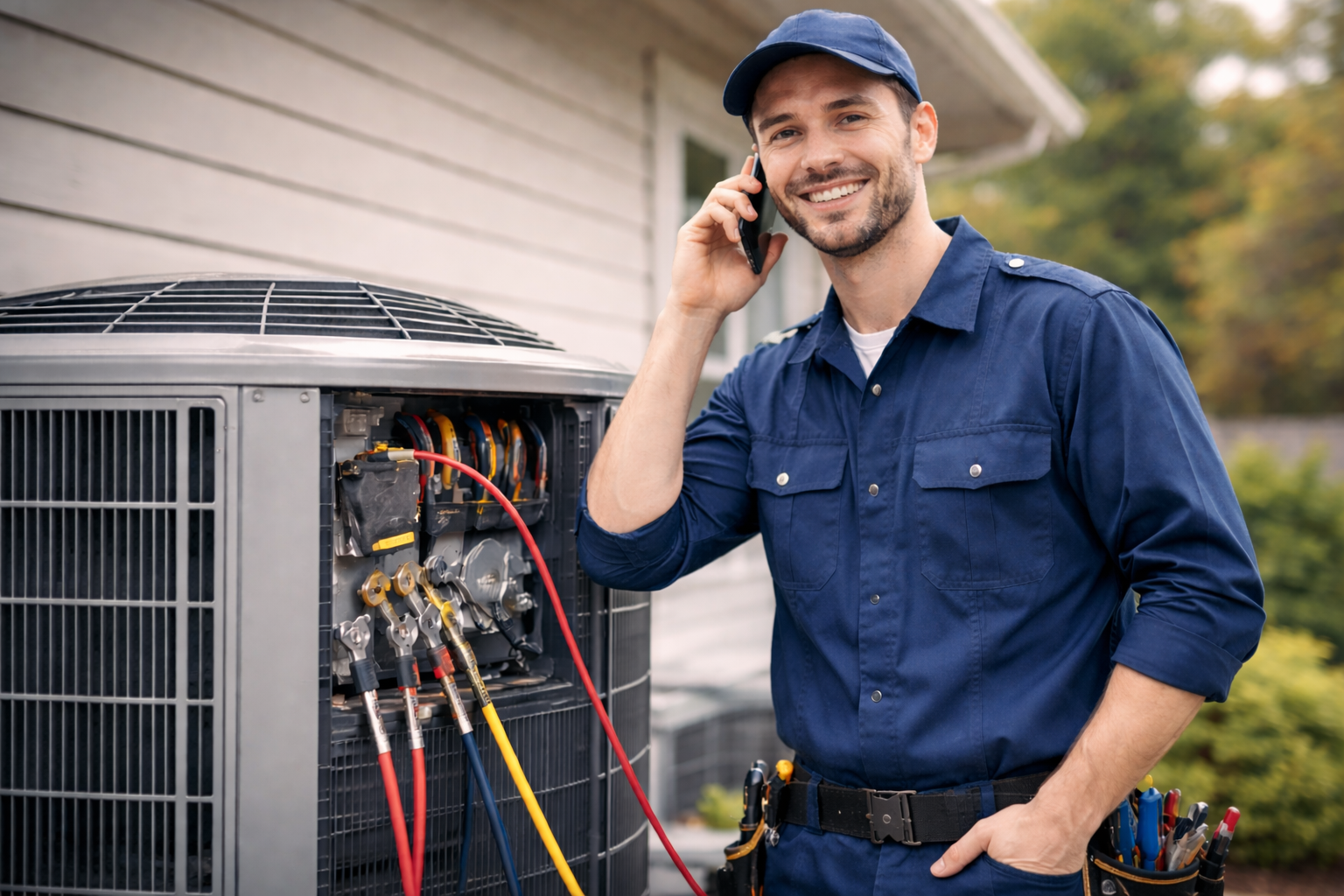 HVAC technician working on an outdoor air conditioning unit
